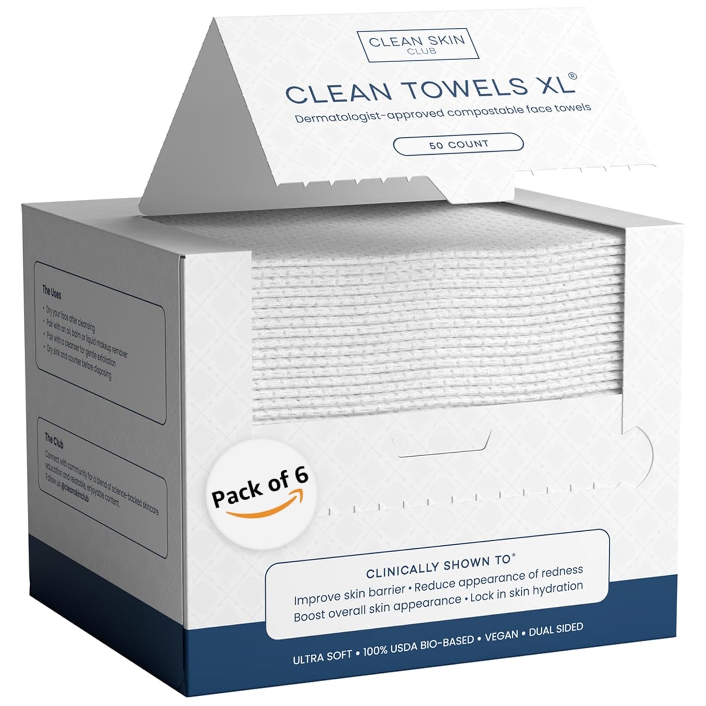 Clean Towels XL™, 100% USDA Biobased Face Towel, Disposable Face Towelette, Eczema Association Accepted, Makeup Remover Dry Wipes, Ultra Soft, 50 Ct, 1 Pack