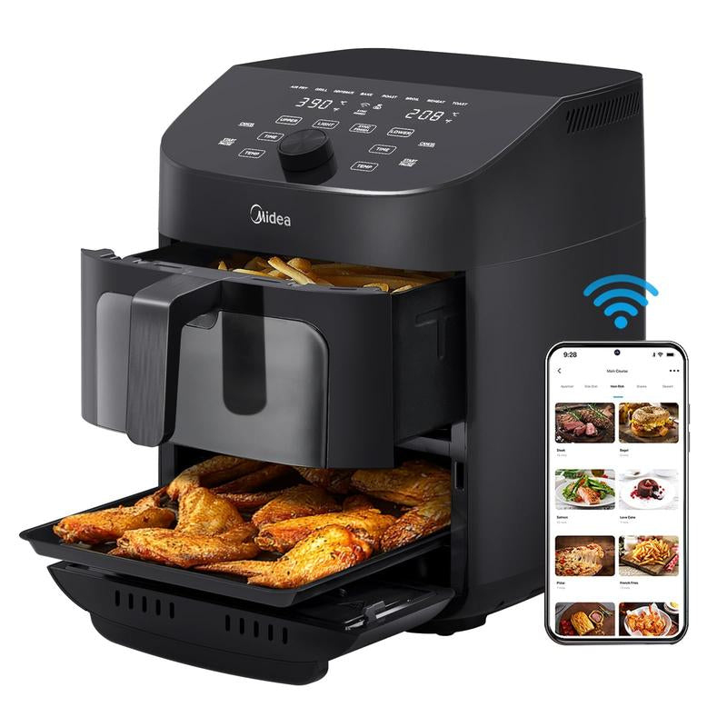 Midea 8 in 1 Dual Air Fryer, Gift, 11 Quart with 2 Independent Frying Baskets , Sync Finish, Wi-Fi Connectivity & 50+ App Recipes for Family-Sized Meals